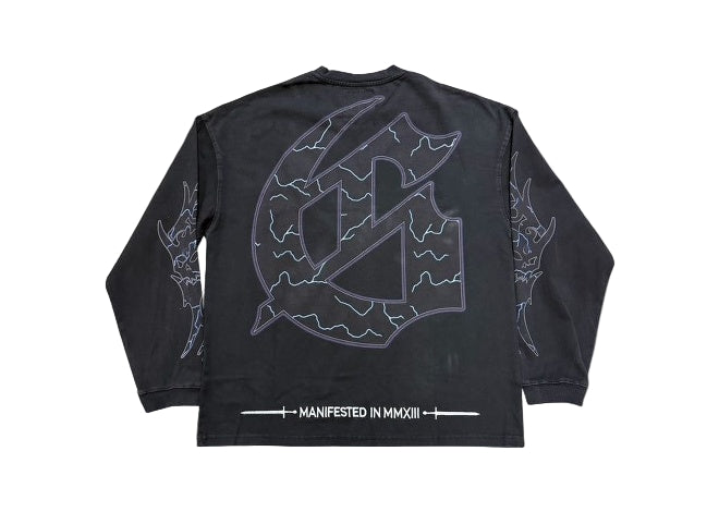 Black wash Godspeed B.M.X LS tee back: GM lightning graphic, tribal sleeves, MANIFESTED IN MMXIII text.