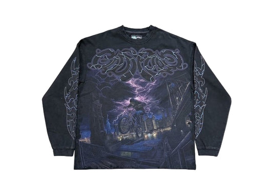 Godspeed B.M.X LS T-shirt Black Wash with storm, lightning, urban rider graphic & tribal sleeves.