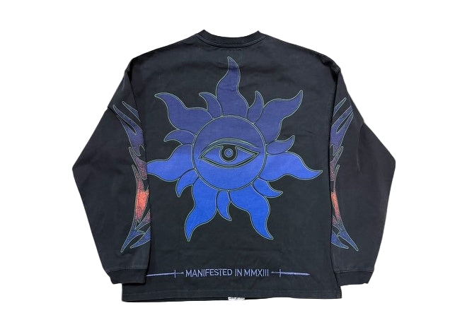Godspeed U.A.P black wash long sleeve tee with blue sun eye back graphic and Manifested in MMXIII.