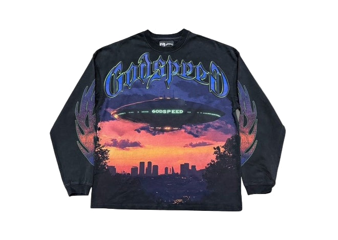 Black wash Godspeed LS tee with UAP, sunset cityscape, and sleeve flame graphic print.