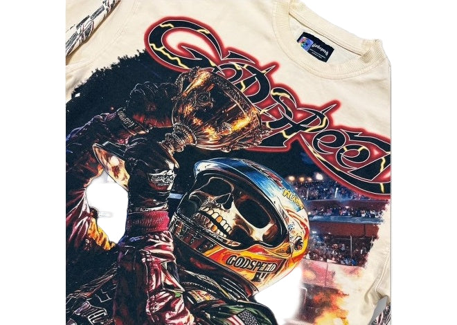 Bone Godspeed Podium Dreams LS Tshirt with skull racer holding trophy and helmet graphic print.