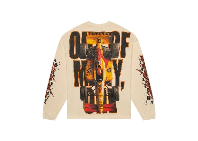 Godspeed Finishline Bone LS tee, racing car OUT OF MY WAY! graphic, checkered flag sleeves.