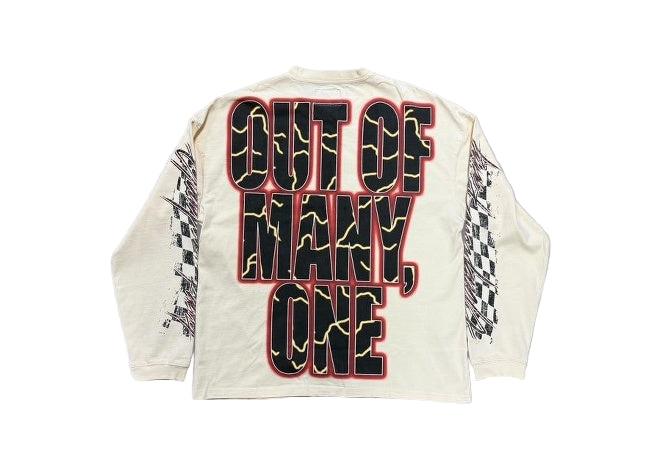 Godspeed Podium Dreams Bone long sleeve t-shirt, OUT OF MANY, ONE text & distressed checkered sleeves.