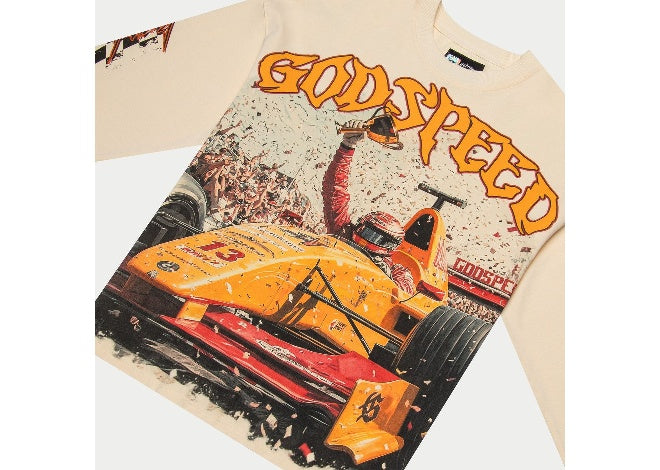 Bone Godspeed Finishline LS Tee, race car with driver holding trophy, Godspeed graphic.
