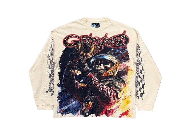 Bone Godspeed Podium Dreams Ls T-shirt with skeleton racer holding trophy and checkered sleeves graphic.
