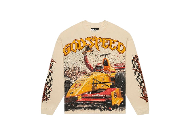 Bone Godspeed Finishline LS tee, vintage race car driver with trophy, GODSPEED text, checkered sleeves.