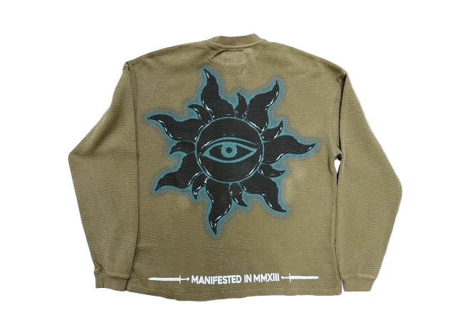 Olive Godspeed Squadron Thermal long-sleeve shirt, back features eye-in-sun graphic and MANIFESTED IN MMXIII text.