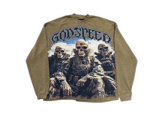 Olive Godspeed Squadron thermal long sleeve shirt with skull soldier graphic and GODSPEED text.