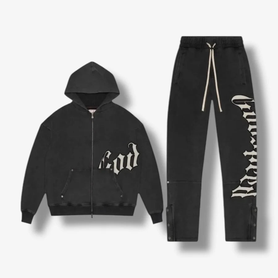 Black Washed Godspeed OG Logo sweatsuit with zip-up hoodie and matching sweatpants.