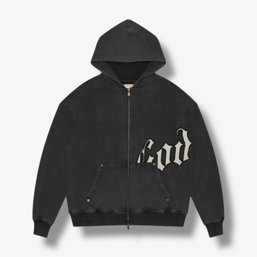 Godspeed V2 washed black zip hoodie, featuring gothic God logo