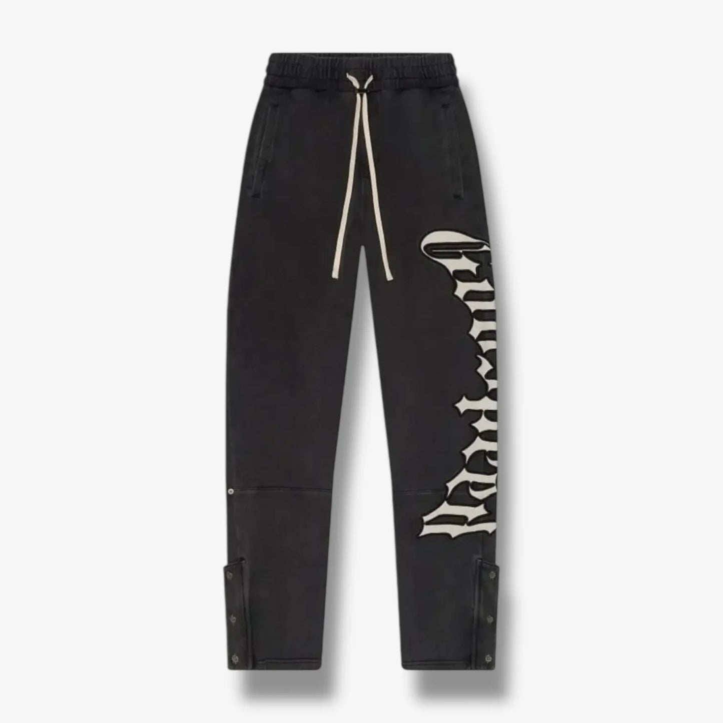 Godspeed OG Logo black washed sweatpants with white graphic & leg snaps