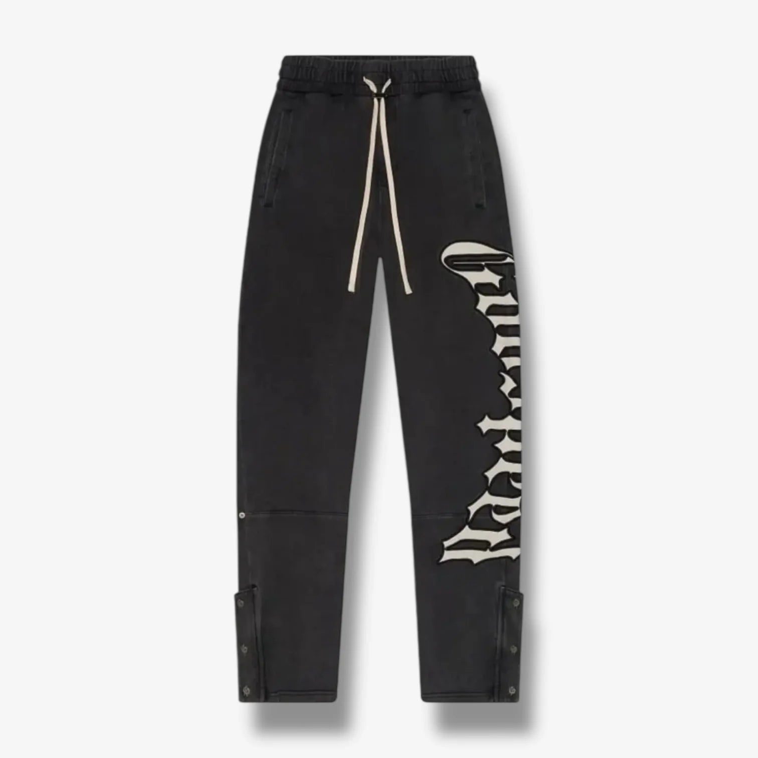 Godspeed OG Logo black washed sweatpants with white graphic & leg snaps