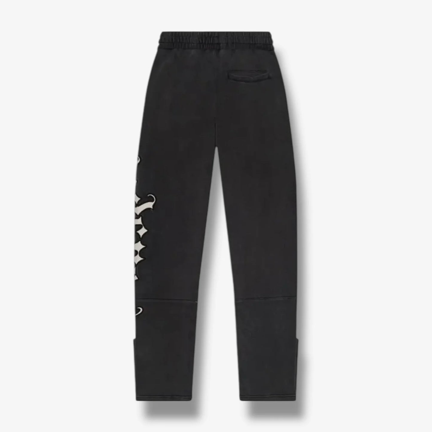 Godspeed black washed sweatpants, back view, white OG logo on leg.