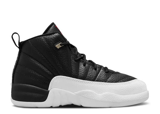 Air Jordan 12 PS black, white & varsity red kids sneaker.