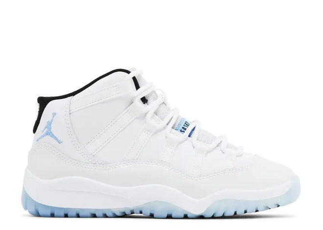 Air Jordan 11 PS Kids white sneakers, Legend Blue Jumpman, black collar, icy sole.