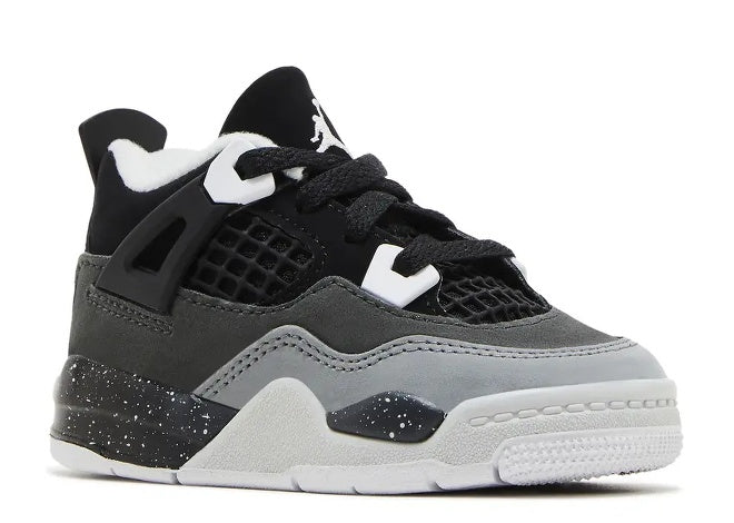 Air Jordan 4 TD kids sneaker in black, white, anthracite, and grey.