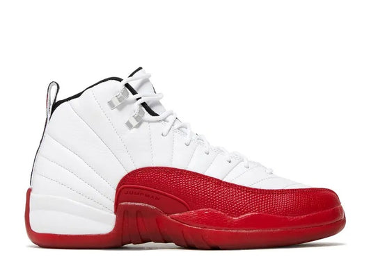 Air Jordan 12 Boys white, varsity red & black kids sneaker.