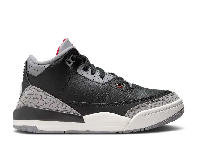Air Jordan 3 PS Cement DM0966-010 preschool sneaker in black, grey, red, with iconic elephant print.