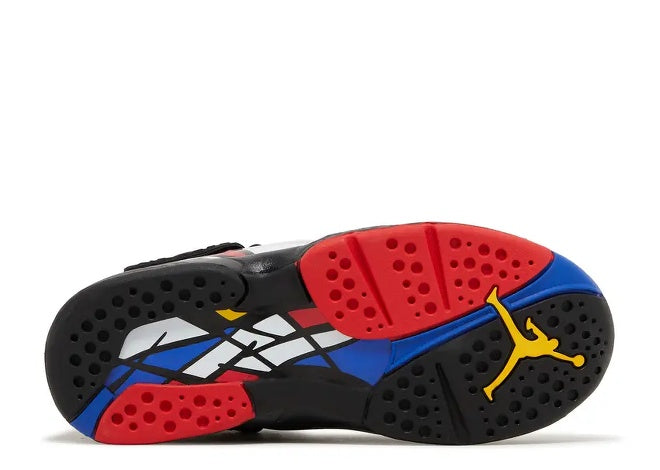 Air Jordan 8 BOYS Sneaker 2023 black, red, blue, white outsole with yellow Jumpman.