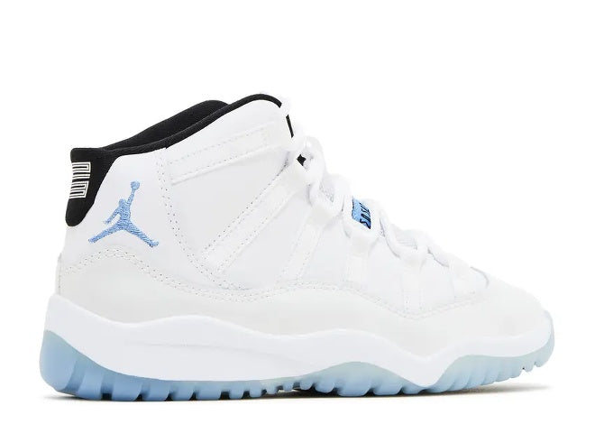 Air Jordan 11 PS Legend Blue kids sneaker: white, black, light blue sole.
