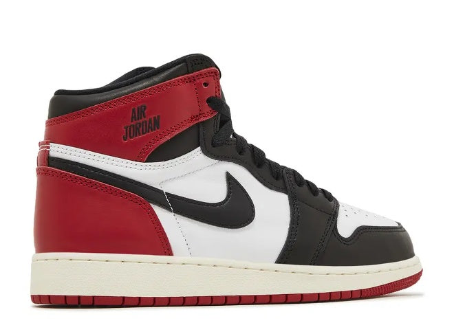 Air Jordan 1 High Black Toe kids sneaker: white, black, varsity red, sail. Style FD1437-106.