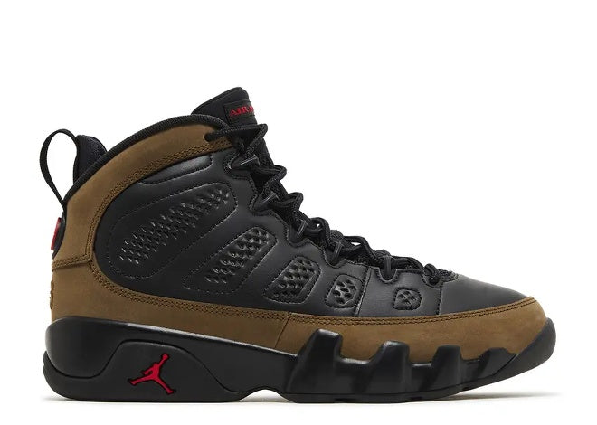 Air Jordan 9 (GS) Black/Light Olive/True Red kids sneaker.