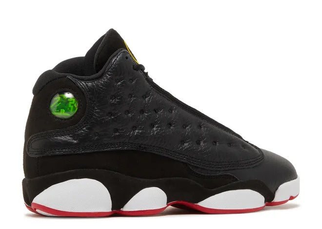 Air Jordan 13 GS Black True Red White Grade School sneaker, side view, with green hologram.
