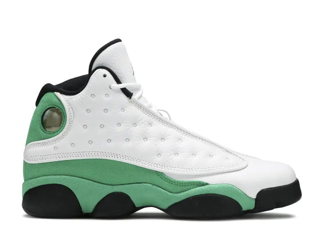 Air Jordan 13 GS White Lucky Green black sole side view sneaker.