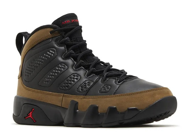 Air Jordan 9 GS Black Light Olive high-top kids sneaker, featuring red Jumpman logo and tongue branding.