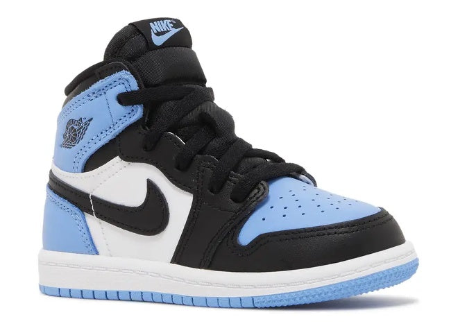 Kids Air Jordan 1 High OG TD sneaker in University Blue, black, and white.