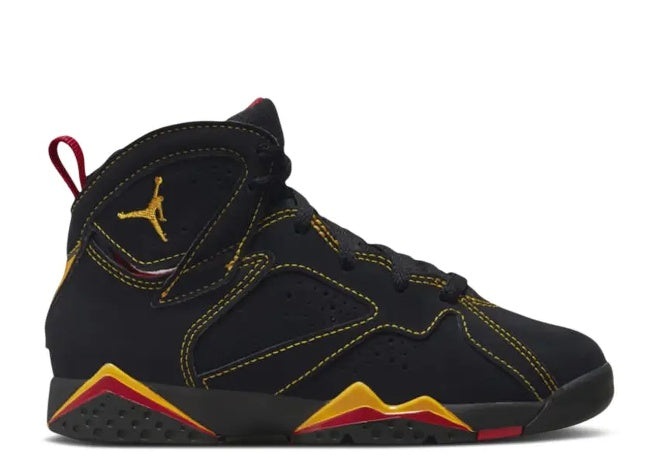 DJ2778-081 Air Jordan 7 BP PS black sneaker with yellow stitching, citrus, and varsity red accents.