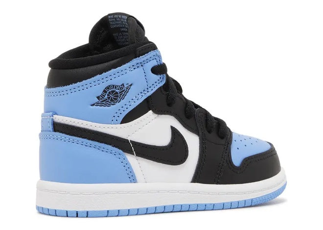 FD1413-400 Air Jordan 1 High OG TD University Blue Black White toddler sneaker.