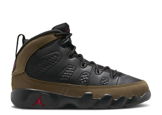 Air Jordan 9 PS Black True Red Light Olive kids sneaker.
