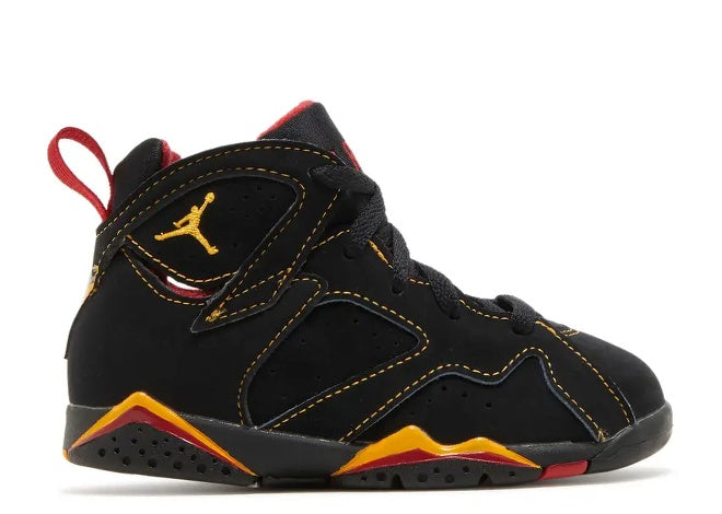 DJ2776-081 Air Jordan 7 BT black, citrus, varsity red toddler sneaker.