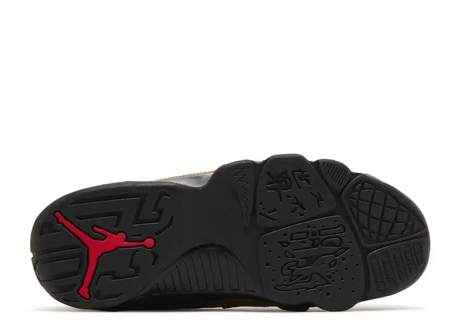 Air Jordan 9 GS Light Olive/Black kids sneaker outsole with True Red Jumpman logo.