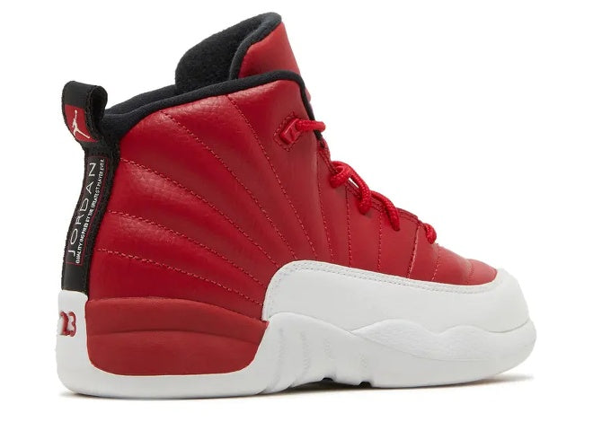 Air Jordan 12 PS Gym Red/White kids sneaker, side view.