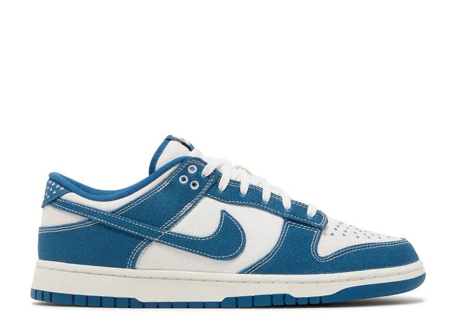 Nike Dunk Low SE Sashiko Industrial Blue mens sneaker, white & blue canvas with contrast stitching.