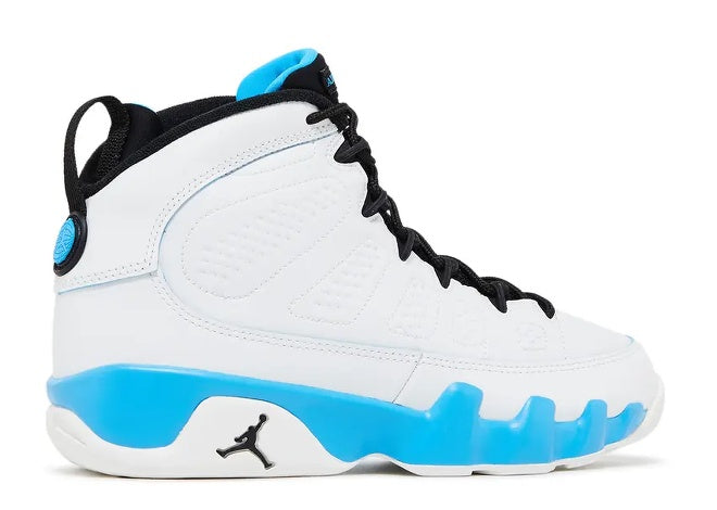 Air Jordan 9 GS kids sneaker: Summit White, Black, & bright blue.