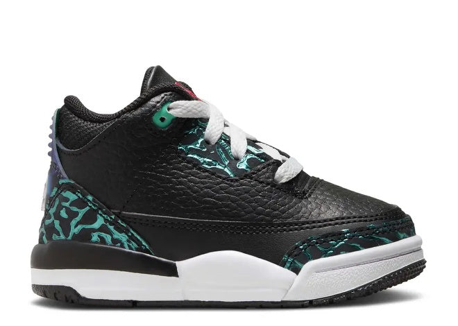 Air Jordan 3 TD black kids sneaker with hyper jade print, white sole, laces, and red logo.