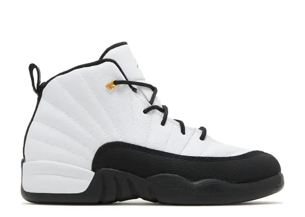 Air Jordan 12 PS Kids sneaker in white, black, and metallic gold.