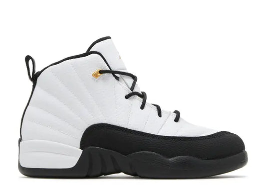 Air Jordan 12 PS Kids sneaker in white, black, and metallic gold.