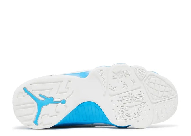 Air Jordan 9 GS Kids Summit White sneaker sole, blue details, Jumpman logo.