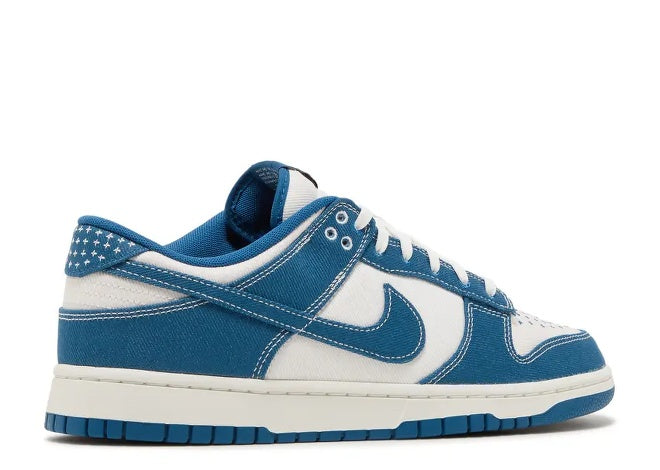 Nike Dunk Low SE Sashiko Industrial Blue mens sneaker, white stitching & star heel.
