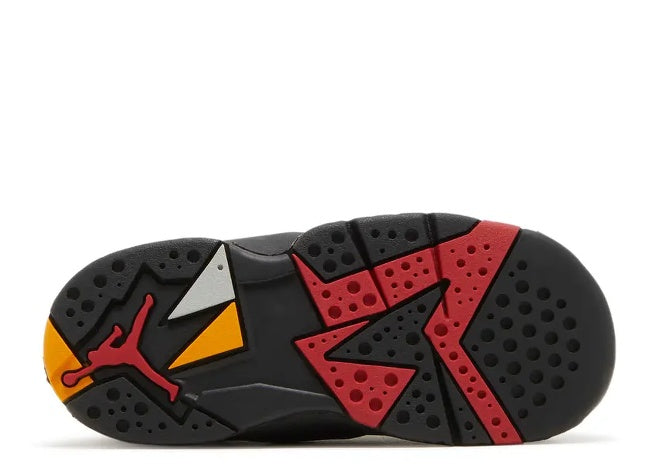 Jordan 7 BT toddler sneaker outsole, black, citrus, varsity red.