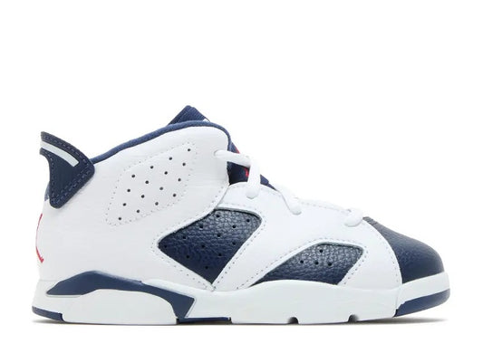 Air Jordan 6 TD toddler sneaker, white, midnight navy, varsity red.