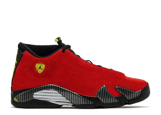 Red, black Air Jordan 14 GS kids basketball sneaker with yellow logo & carbon fiber details.