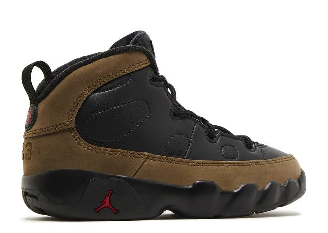Air Jordan 9 Infants Black Light Olive sneaker with red accents