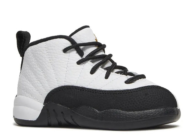 Air Jordan 12 infant sneaker white, black & metallic gold. Unisex.