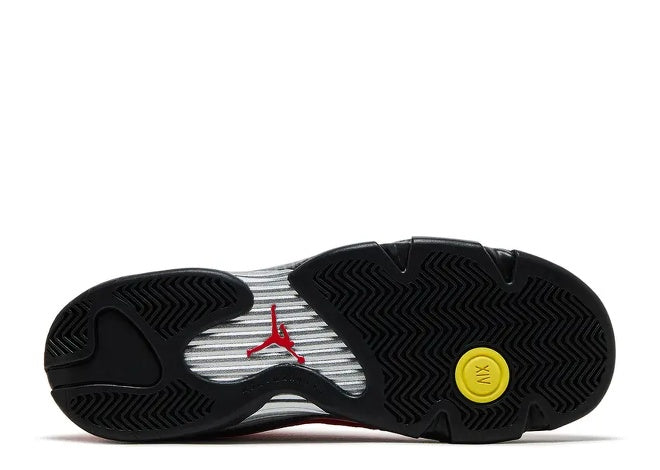 Air Jordan 14 GS Red Black kids basketball sneaker sole, red Jumpman, yellow XIV.