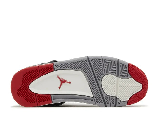 Air Jordan 4 Black Fire Red Cement Grey sneaker sole with red Jumpman logo.